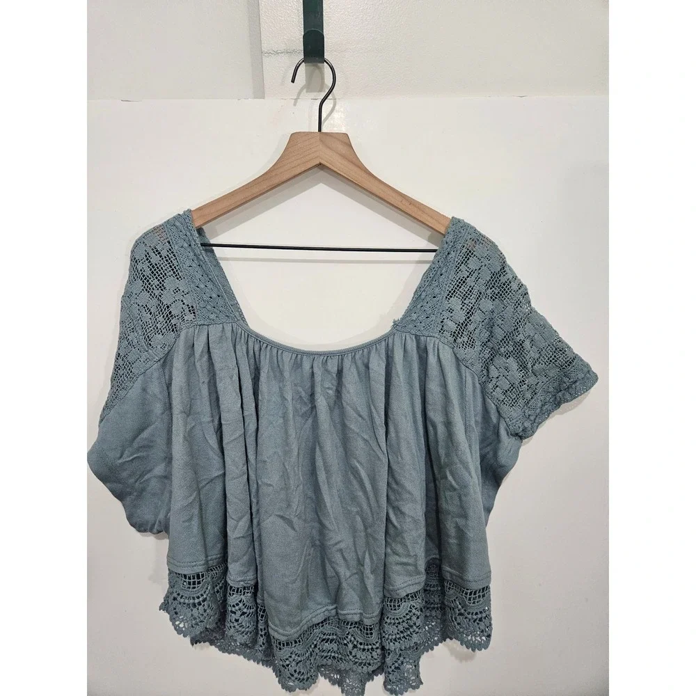 Free People Boho Crochet Lace Embroidered Scoop Neck Top Blue Grey Small